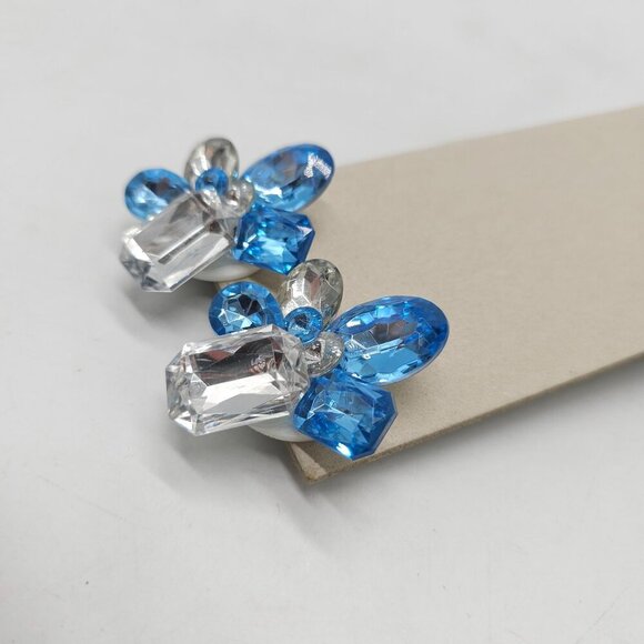 Vintage 1980s Blue Clear Rhinestone Clip-On Earrings Bling - Picture 2 of 4